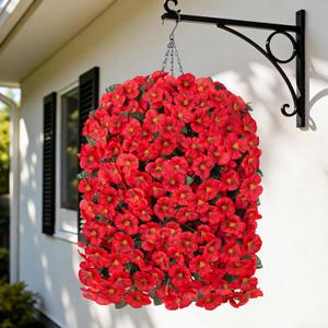 HyeFlora 4pcs Artificial Flowers for Outdoors Fake Pansy with Hanging Basket UV Resistant Silk Spring Faux Flowers for Outside Front Door Porch Yard (Red)