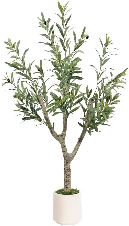 Olive Trees Artificial Indoor,Faux Olive Tree 4ft Tall 1Pack with White Planter,Fake Olive Tree with Natural Olive Branches and Realistic Leaves for Home Decor Indoor