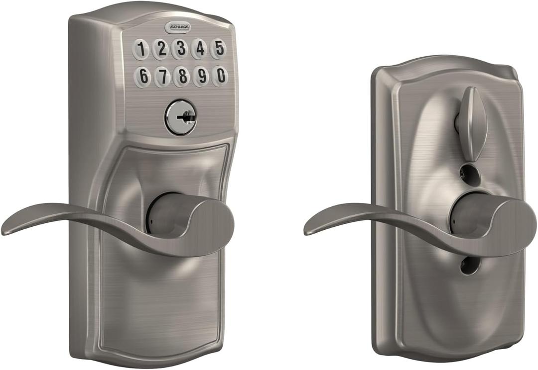 Schlage Camelot Keypad Lock with Lever Handle, Electronic Keyless Door Entry, Flex Lock AutoLock Option, Satin Nickel, FE595 CAM 619 ACC