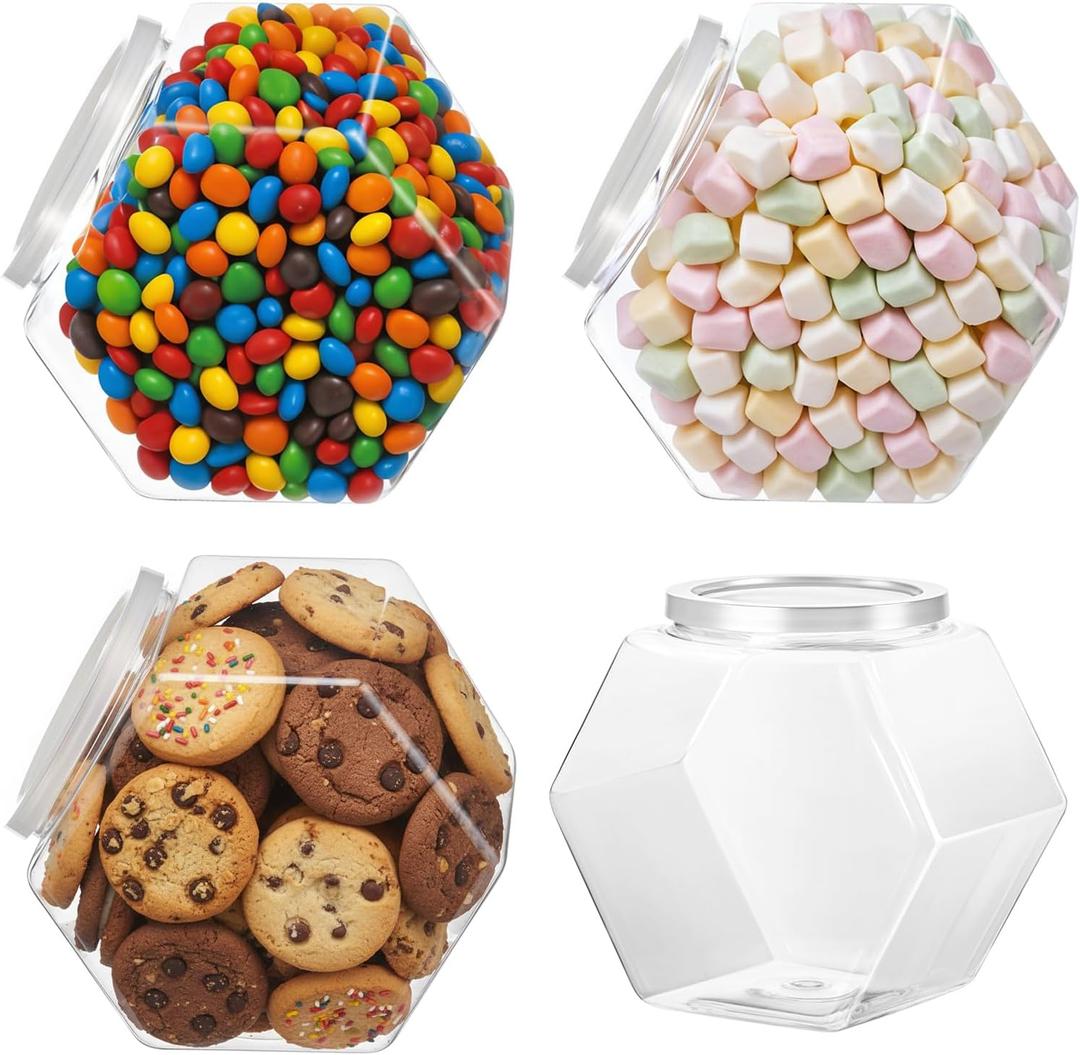 4PCS Plastic Candy Jars with lids, 76 Oz Clear Cookie Jars, Empty Hexagon Containers for Candy Buffet Snacks Coffee Pod, Kitchen Party Gifts Large Food Storage Jar Container