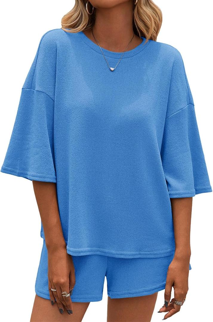 Tankaneo Womens 2 Piece Outfits Sweater Set Lounge Sets 3/4 Sleeve Oversized Tops and Elastic Waist Shorts Pajama Sets (X-Large, Blue)