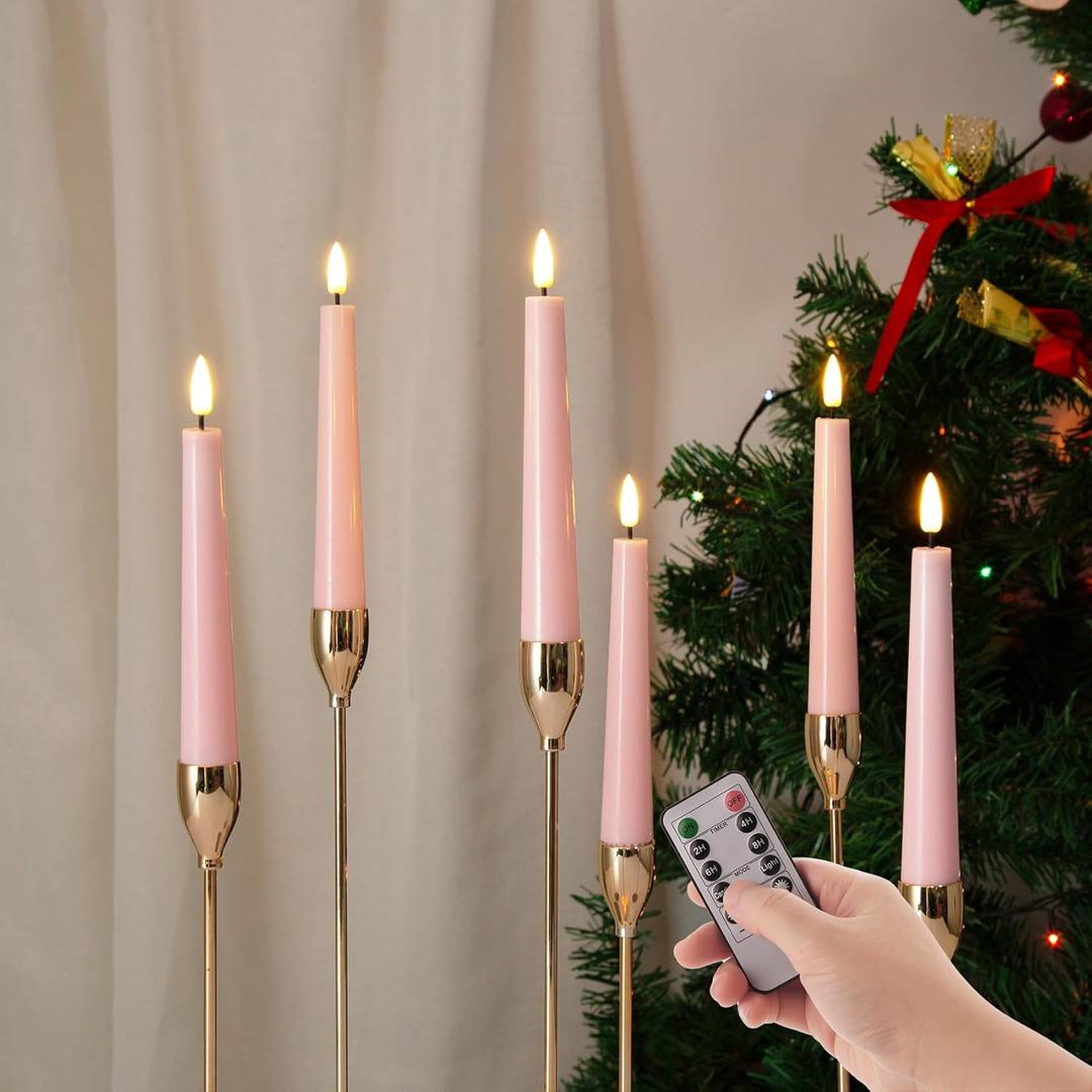 Eywamage Short Pink Flameless Taper Candles with Remote, Flickering Christmas Battery LED Wax Candlesticks Set of 6