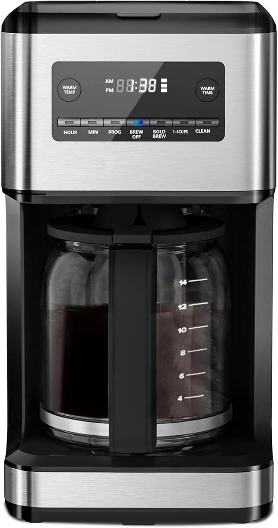 Coffee Maker, 14-Cup Programmable Drip Coffee Makers with Reusable Filter & Keep Hot Plate, Auto Pause Small Coffee Machines with Coffee Pot, Timer, Self-cleaning, for Home, Stainless Steel