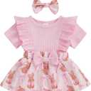 Newborn Baby Girl Easter Outfit Rabbit Romper Dress Ribbed Ruffle Skirt Hem Jumpsuit Cute Summer Clothes (Pink) 3-6 M