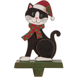 Glitzhome 7.5" H Christmas Cat Stocking Holder for Fireplace Mantel Stand Hanger Sturdy Wooden/Metal Xmas Seasonal Home Party Decoration