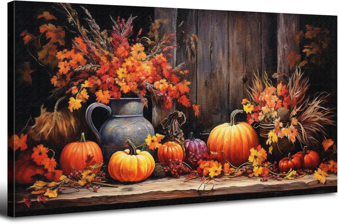 Orange Pumpkin Canvas Wall Art Kitchen Wall Decor Farmhouse Dining Room Pictures Halloween Painting Autumn Flowers Canvas Prints Fall Harvest Theme Posters Artwork Home Decorations 20x40" (40L" x 20W")