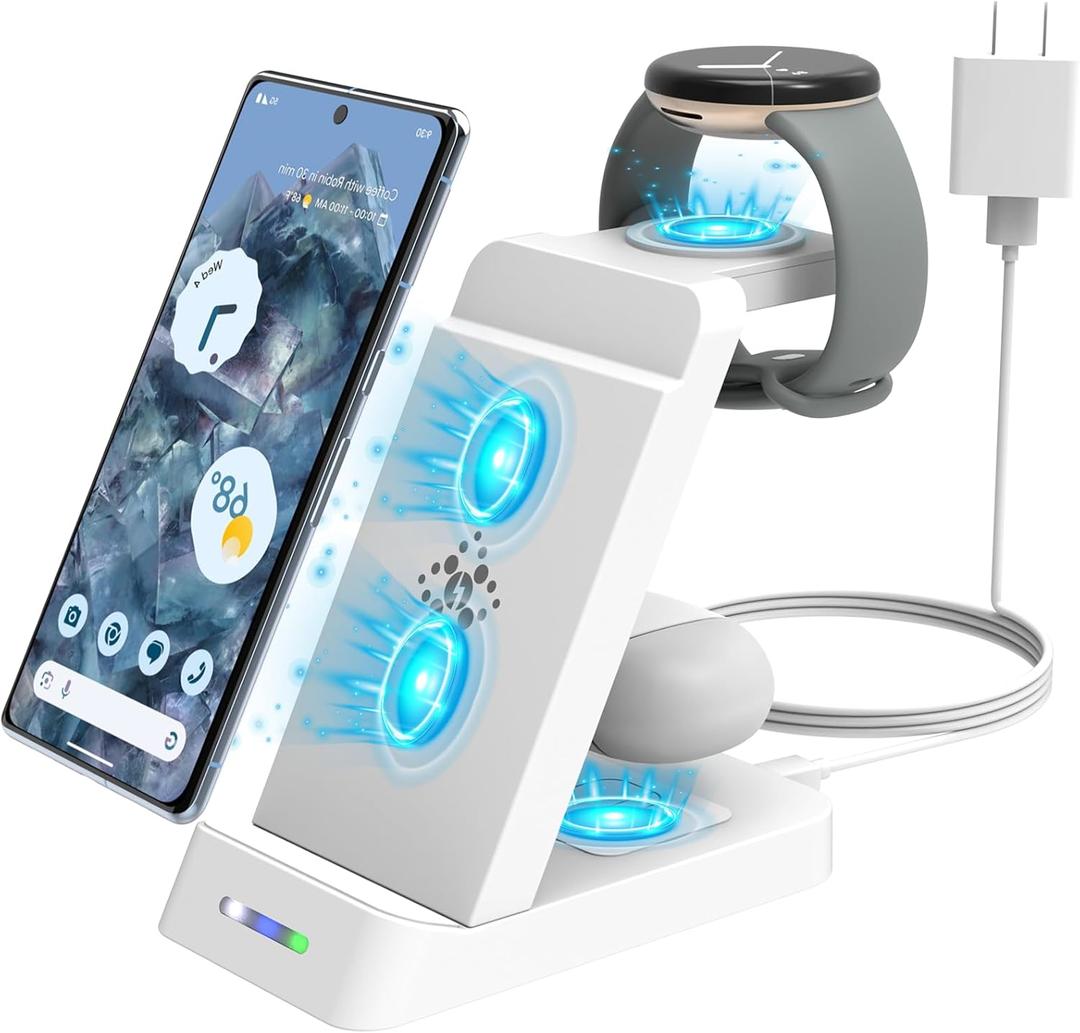 EloBeth Wireless Charging Station, 3 in 1 for Google Pixel Products, QC3.0 18W, Compatible with Pixel 8 Pro/8/7 Pro/7/Fold/6/6 Pro/5/4/3/XL, Watch, Buds Pro, iPhone/Airpods (not Watch 2)