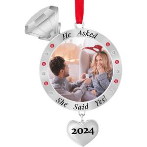 Engagement Photo Ornament 2024 - First Christmas Engaged Picture Frame Ornament 2024 - Wedding Engaged Ring She Said Yes Ornaments for Xmas Tree 2024 - Engagement Gift for Couple