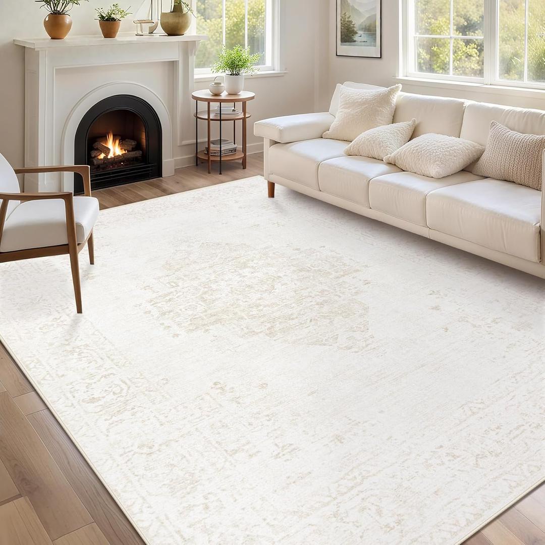 Washable Rugs 5x7 Living Room Rug: Vintage Neutral Area Rugs Soft Non-Slip Indoor Low Pile Carpet for Bedroom Dining Room Nursery Office (Beige, 5' x 7')