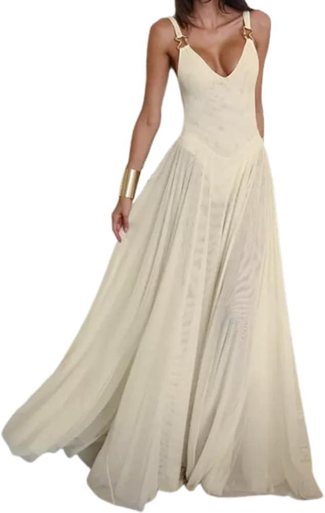 Women's Sexy Deep V-Neck Retro Sleeveless Solid Color Mesh A-line Dress Lace Cocktail Party Wedding Dress (Medium, Yellow)