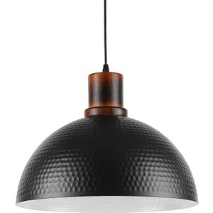 Modern Solid Wood Pendant Lights,15.7" Hammered Metal Shade,Black Finish Hanging Lighting Lamp Industrial Dome Ceiling Light Fixtures for Kitchen Island, Farmhouse, Dining Room, 1PK/16in