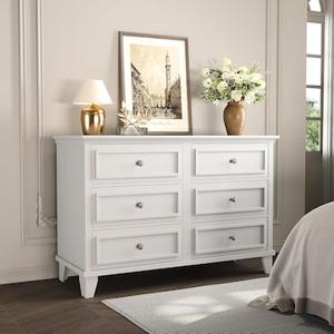 Garvee Farmhouse Dresser for Bedroom with 6 Drawer Double Dresser TV Stand with Vintage Handle Wide Wood Dressers Chests of Drawers 6 Drawer Dressers for Bedroom Living Room Hallway-White