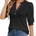 Summer Tops for Women 2026 Trendy Dressy Casual Blouse Puff Short Sleeve Shirts Knit Henley V Neck T Shirt Tunic