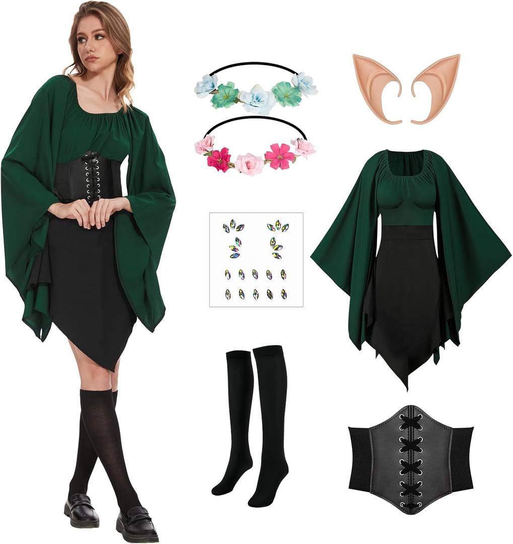 6Pcs Women Elf Costume Renaissance Traditional Irish Fairy Dress With Elf Accessories Set for Halloween Cosplay (Small)
