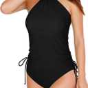 LVZIJUN Women's Tankini Sets Two Piece Bathing Suits Halter Neck Tummy Conrol Tankini Swimsuits Solid Color Thong Bottom (Medium, Black)