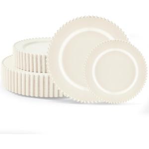 60PCS Ivory Plastic Plates - Beaded Ivory Disposable Plates - Premium Cream Plastic Plate Include 30 Dinner & 30 Dessert Disposable Plate for Birthday, Baby Shower Spring, Wedding & Party