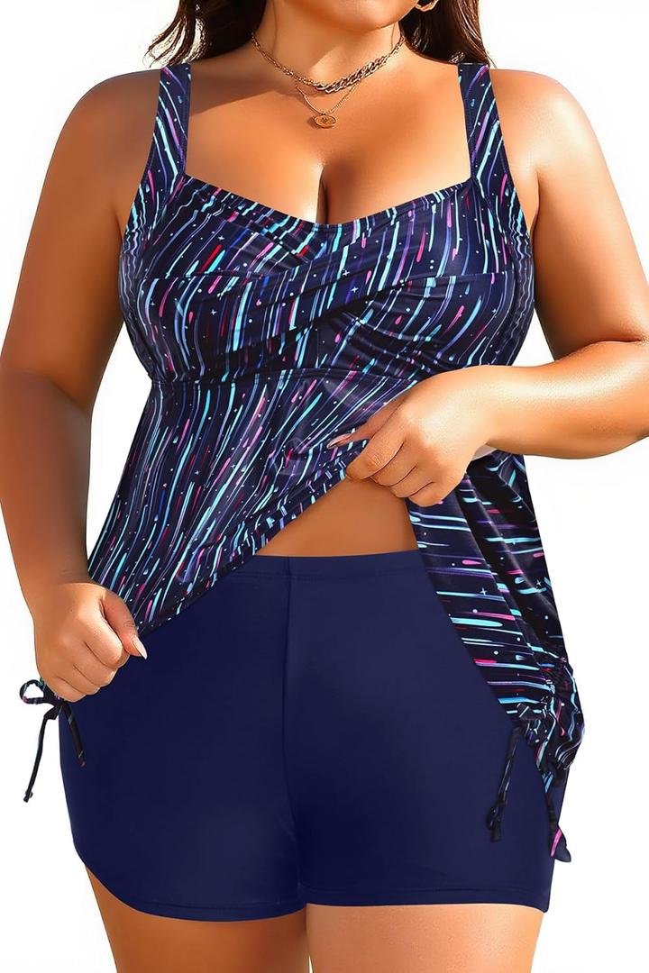 Aqua Eve Women Plus Size Tankini Swimsuit Two Piece Flowy Swimdress Bathing Suits with Shorts (Blue Stripes), 20 Plus