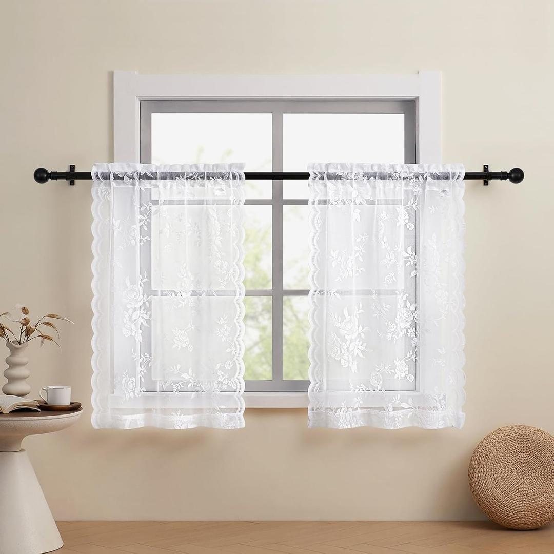 White Lace Cafe Curtains 24 Inch Length 2 Panels Set - Country Floral Sheer Rod Pocket Short Kitchen Decor, Light Filtering for Small Window, Bathroom, Basement, RV, Laundry, Camper, 26"W x 24"L (Pack of 2), White