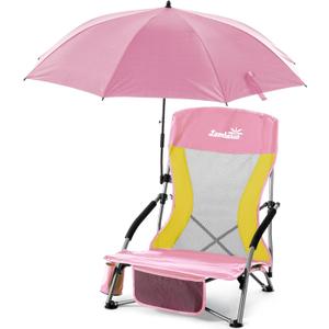 Lamberia Folding Beach Chair with Umbrella for Adults, Portable Low Beach Chairs with 300lbs Capacity, Lightweight Fodable Camping Chair for Travel, Picnic, Concert & Outdoor Activities, Pink-Yellow