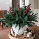 Ivydale 15Pcs Faux Pine Branches Norfolk Stem for Christmas Decoration, Artificial Greenery Plants Pine Needles with Red Berries for Table DIY Home Winter Indoor Vase Real Touch Christmas Decorations