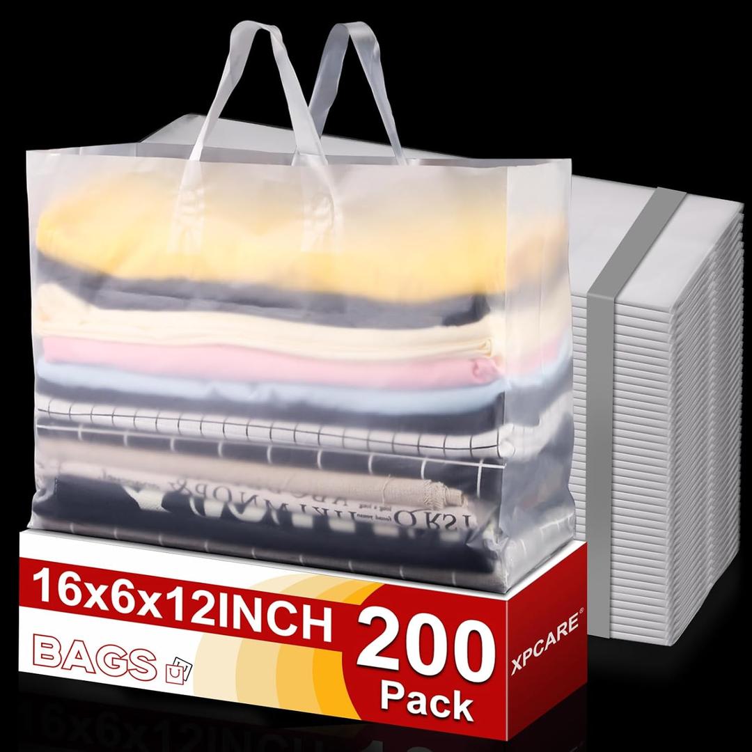 XPCARE 200Pack Frosted Plastic Gift Bags, 16x6x12 Clear Plastic Bags with Handles for Small Business, Boutiques, Retail Stores, Gifts & Merchandise(White)