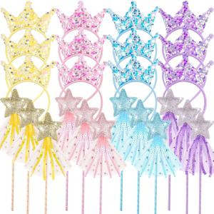12 Pcs Princess Party Favors Including 6 Glitter Star Fairy Wands and 6 Sequin Princess Crown Headbands for Girls Birthday Party Gifts