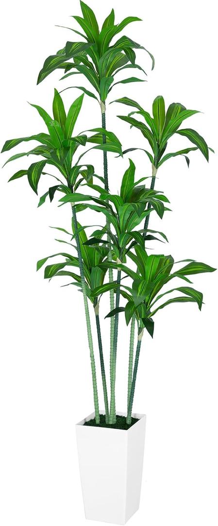 6FT Tall Faux Dracaena Tree with White Tall Planter, Artificial Plants with Natural Wood Trunk and Lifelike Leaves for Home Office Decor, Green