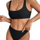Two Pieces Bikini Sets Swimsuit Sports Style Low Scoop Crop Top High Waisted High Cut Cheeky Bottom, Small, Black Crinkle