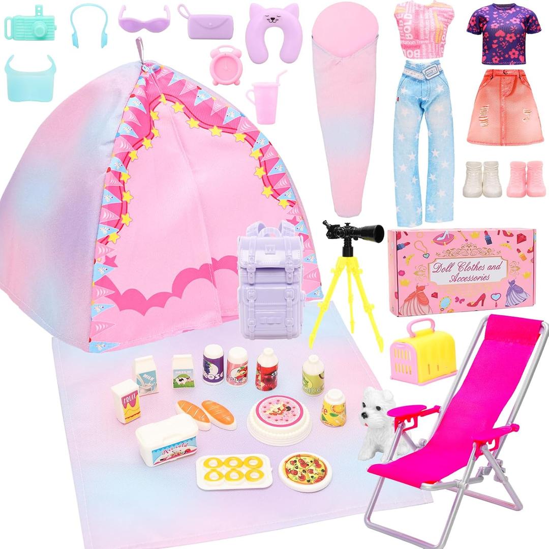 34 Pcs Doll Travel Camping Tent Playset for 11.5 Inch Girl Dolls Includes Clothes, Tent, Telescope, Backpack, Sleeping Bag & Other Camping Accessories for Dolls Travel Camping Toy SetNO Doll