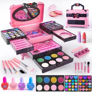 Kids Makeup Sets for Girls, 66pcs Real Cosmetic for Kids Toys with Mirror, Princess Washable Girls Makeup Kit, Non-Toxic & Safe Brithday Gifts for 3 4 5 6 7 8 - 12 Years OldPink Black