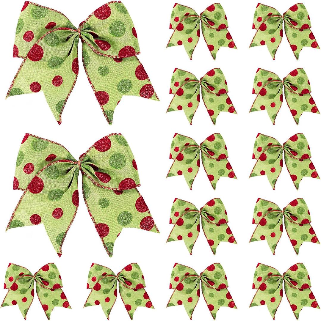 16 Pcs Christmas Tree Bows Decoration, 6 Inch Large Christmas Bows Red Green Dot Bows Ribbons Ornaments Christmas Wreath Decorations for Tree Gift Wrapping Wall Home Front Door Decor