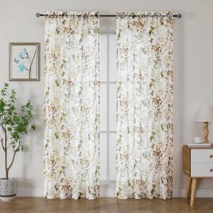 OWENIE Crushed Sheer Curtains, 84 Inches Long, 2 Panels Set, Floral Printed Drapes for Living Room, Rod Pocket, Light Filtering Farmhouse Window Sheers (2 Panels, 42" x 84") (Multi Color)