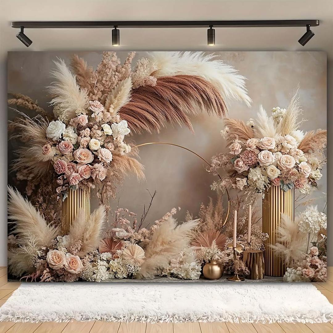 Boho Floral Wedding Backdrop Pampas Grass Flower Curtain Background Wedding Bridal Shower Anniversary Party Decoration Backdrop Newborn Baby Shower Pregnancy Photos Backdrop (9x6feet)