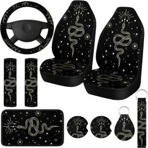 10 Pcs Moon Star Car Seat Covers Full Set Car Accessories for Women Front Seat Cover Steering Wheel Armrest Cover Seat Belt Cover Cup Holder for Auto SUV Interior Decoration (Snake)