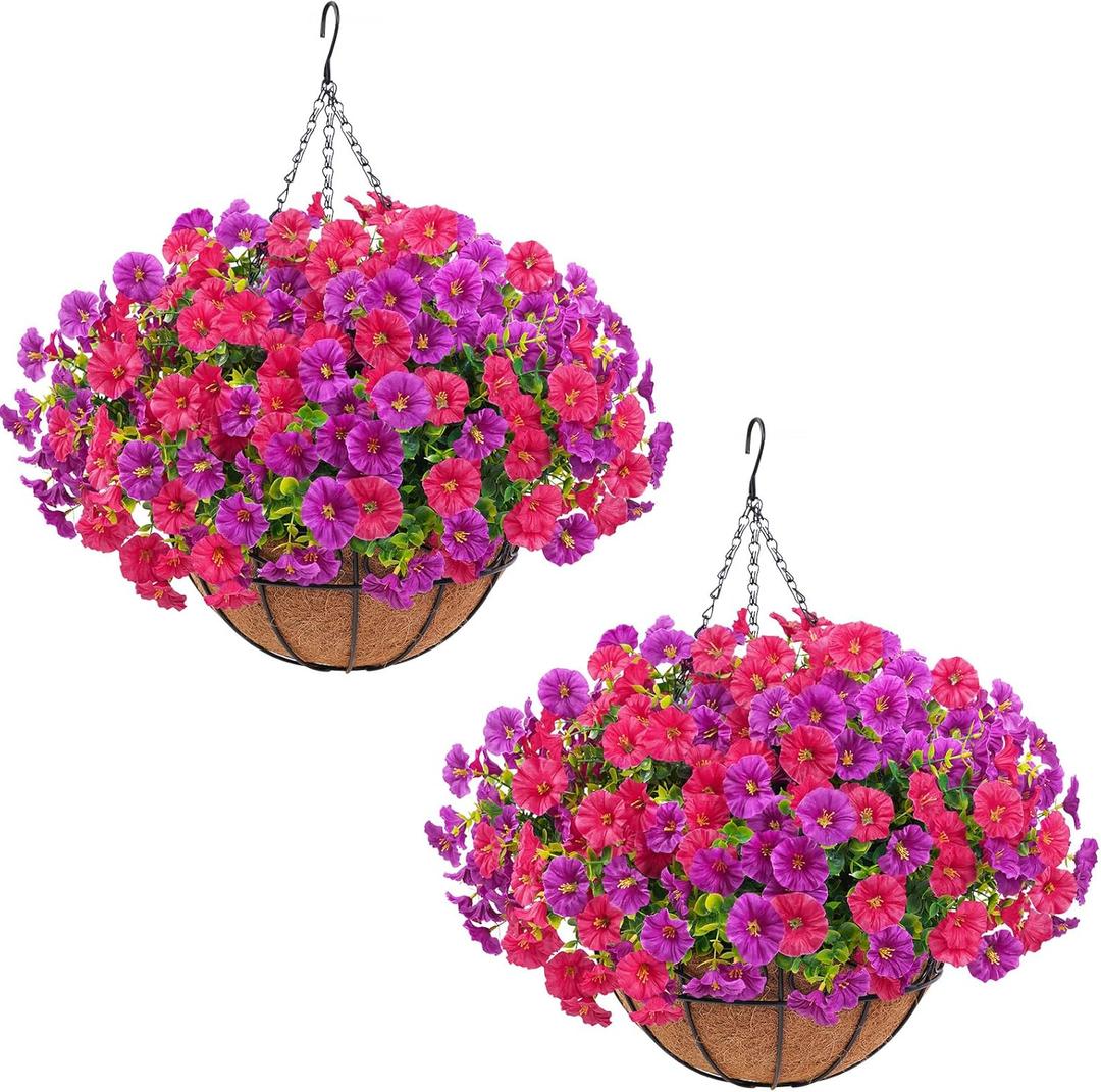 Elyum 2 Pack Artificial Hanging Flowers for Outdoors, Fake Flowers Artificial Petunias Hanging Baskets for Outdoors, UV Resistant Fake Hanging Plants Flowers for Outside Garden Patio Porch Decor (Purple&rose Red)