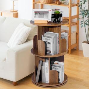 MYOYAY Rotating Bookshelf Tower 2 Tier, 360 Display Revolving Floor Standing Bookcase, Storage Rack Wood, Corner Book Shelf Organizer, for Small Space Living Room Study Room Bedroom Office