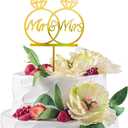 Golden Mr and Mrs Wedding Cake Toppers, Acrylic Bride and Groom Cake Topper for Wedding Anniversary Rings, Engagement Party Decorations, Premium Glod Metal