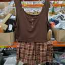 SOLY HUX Women's Pajama Sets 2 Piece Lounge Sets Button Tank Top and Plaid Shorts Sleepwear Brown Plaid Large