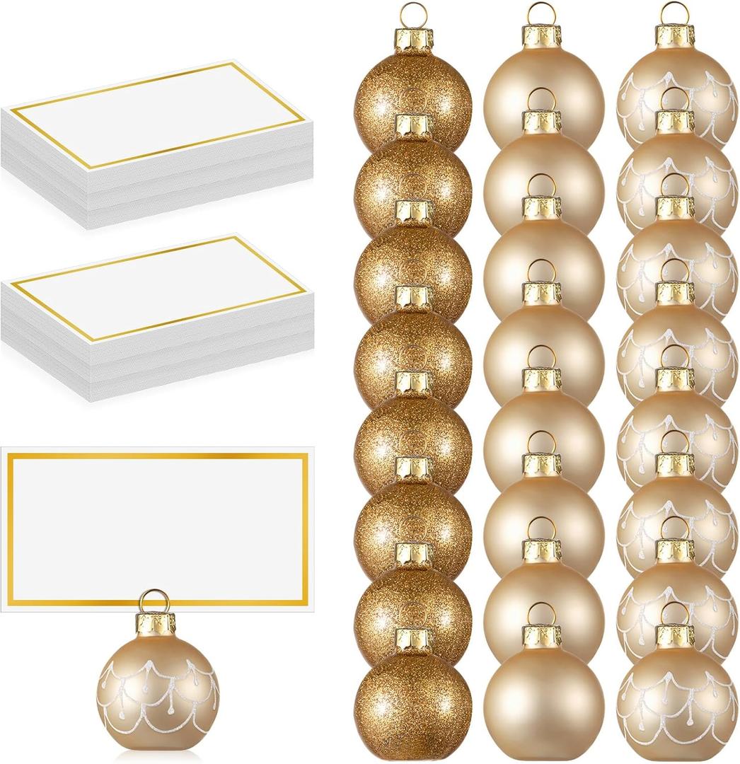 Civaner 24 Pcs Christmas Ornament Place Card Holders and Name Cards Set Gold Glass Ball Table Number Sign Holder for Xmas Winter Wedding Anniversary Birthday Party,1.6 Inch