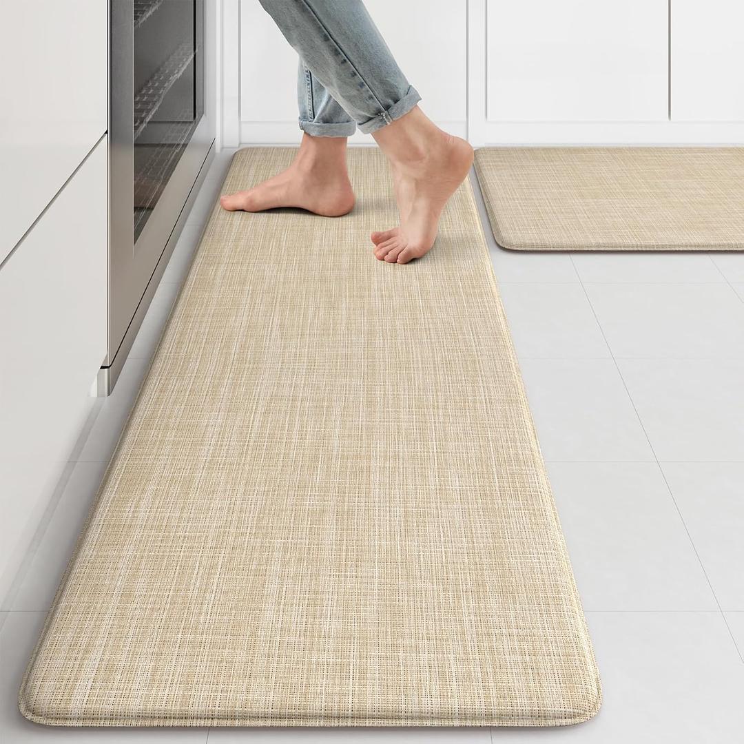 KIMODE Kitchen Mat Cushioned Anti Fatigue  Beige Padded Kitchen Floor Mats Non Slip, Comfort Textilene Kitchen Mats for Floor, Standing Mat for Laundry Office Sink Desk