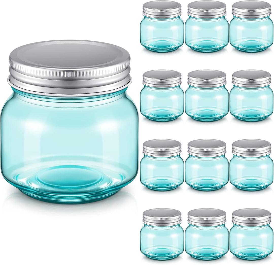 Gueevin 12 Pcs Blue Mason Jars 8 oz Regular Mouth Canning Jars Vintage Small Glass Jar Colored Spice Bottles with Airtight Lids and Bands for Kitchen Pickling Honey Wedding Supplies Shower Favors