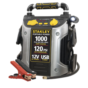 STANLEY J5C09 Portable Power Station Jump Starter 1000 Peak Amp Battery Booster, 120 PSI Air Compressor, USB Port, Battery Clamps