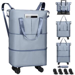 VOOWO Duffel Bag with Wheels - Rolling Foldable Expandable Duffle Bag with Wheels for Travel, Rolling Luggage Bag Carry On Travel Bag with Wheels, Large Wheeled Overnight Weekender Bag (Blue)