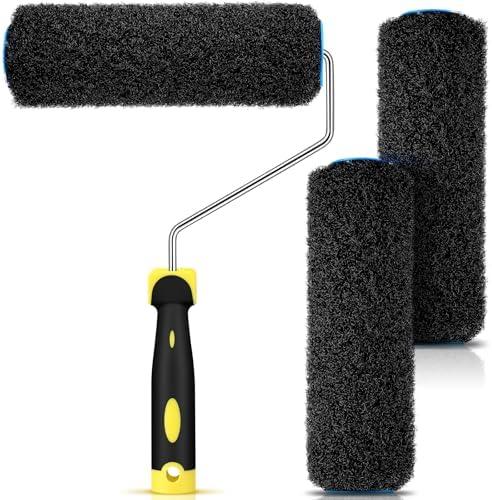Threlaco 3 Pcs 9 Inch Drywall Compound Roller Cover with 1 Pcs Paint Frame, Drywall Texture Brush, Mud Roller for Putty, diatomaceous Earth, molding Paste, Textured coatings