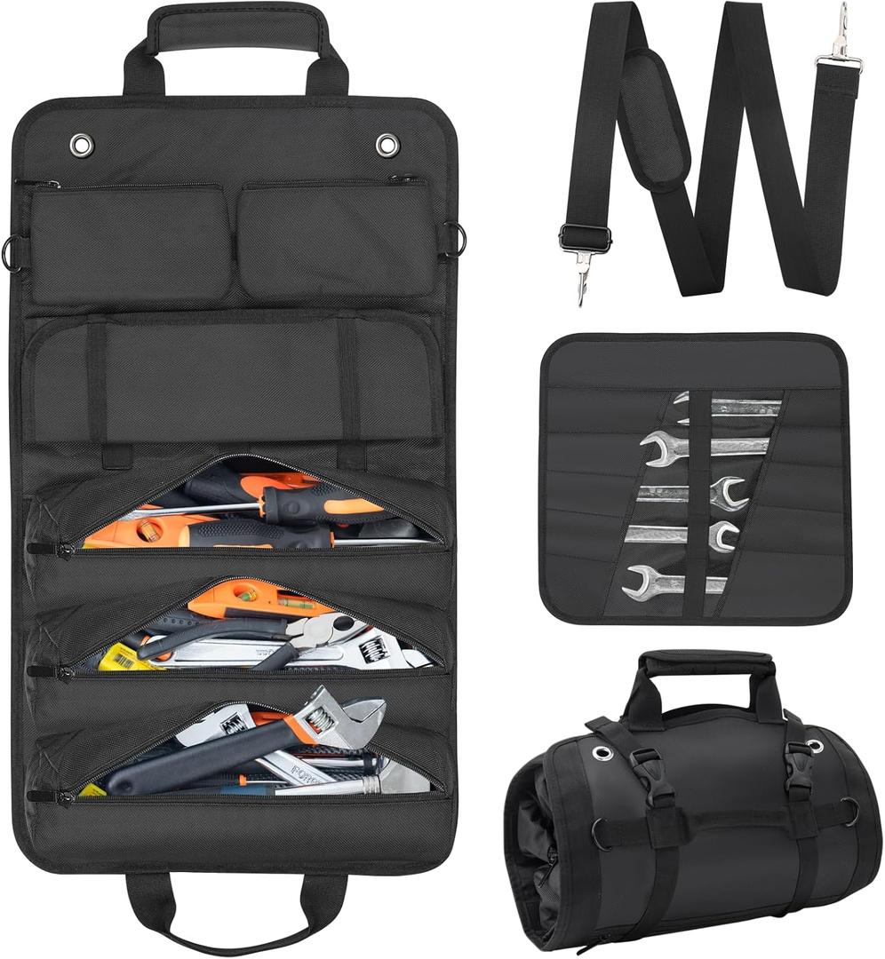 JEAWIWI Tool Roll Bag, Heavy Duty 1680D Waterproof Roll Up Tool Organizer, 6 Detachable Pouches, Portable Tool Storage for Mechanics, Electricians, DIY & Home Renovation – 25.1"x14.9"