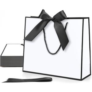 MOXARYSU Gift Bags With Handles: 11.8x4x10 Inch 24pcs Medium Large With Bow Ribbon For Wedding, Thanks Bridesmaid, Birthday Party (White-Black