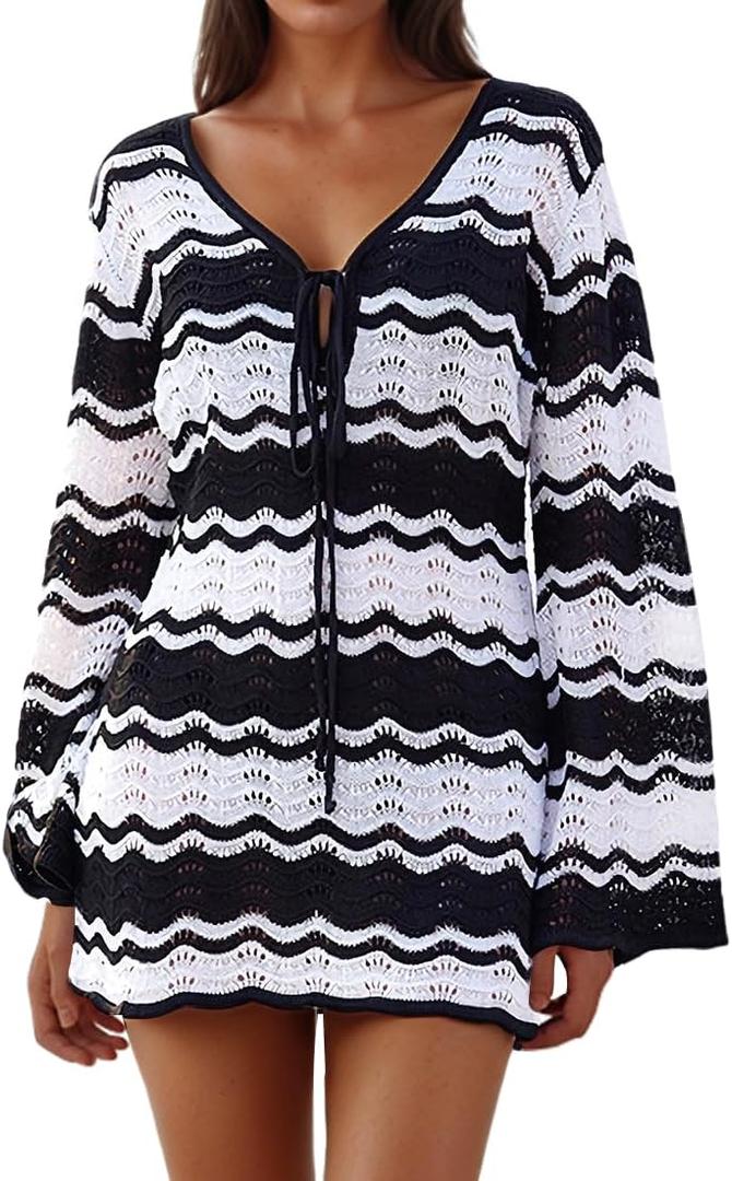 Eomenie Women Crochet Swim Cover Up Summer Bathing Suit Hollow Out Long Sleeve Dress Coverup Mesh Knit Beach Outfits Black&White (S)