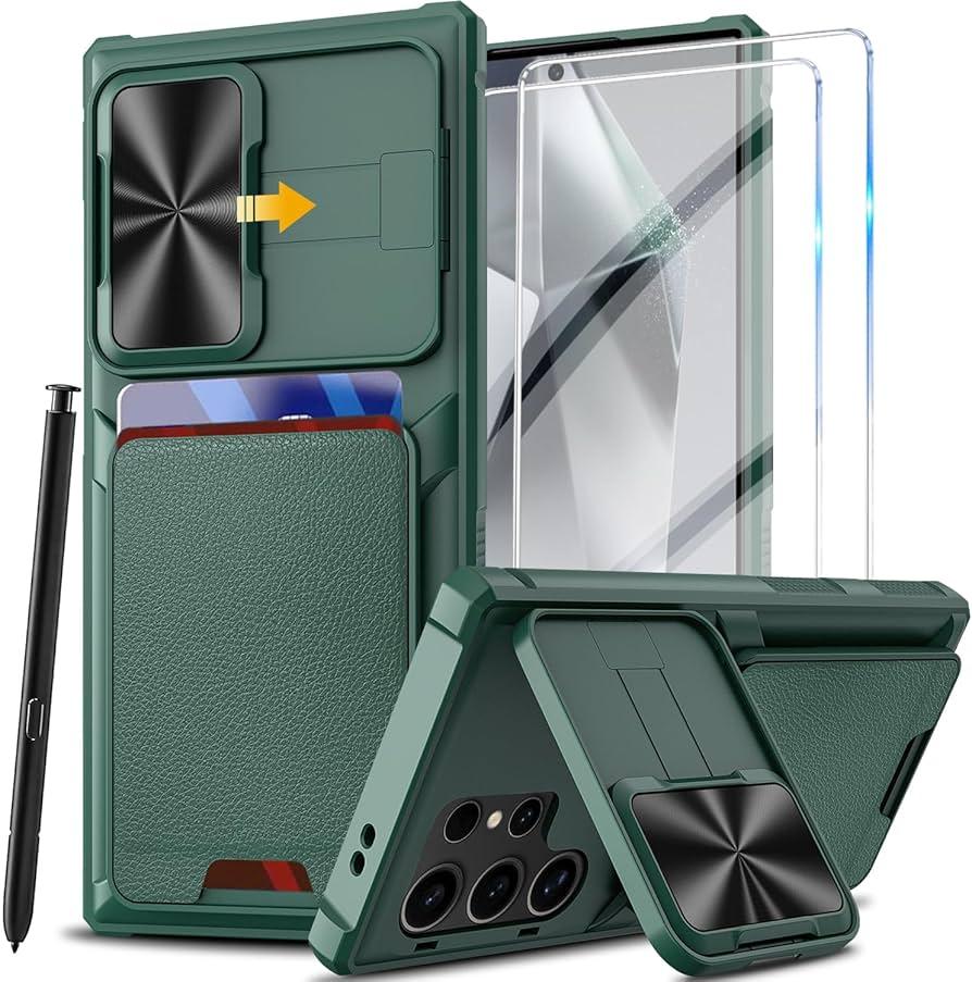 for Samsung Galaxy S24 Ultra Case with Card Holder Slide Camera Lens Protection & Kickstand, Rugged Silicone Military Grade Shockproof Heavy Duty Cover for Samsung S24 Ultra 5G 2024 Phone Case (Green)