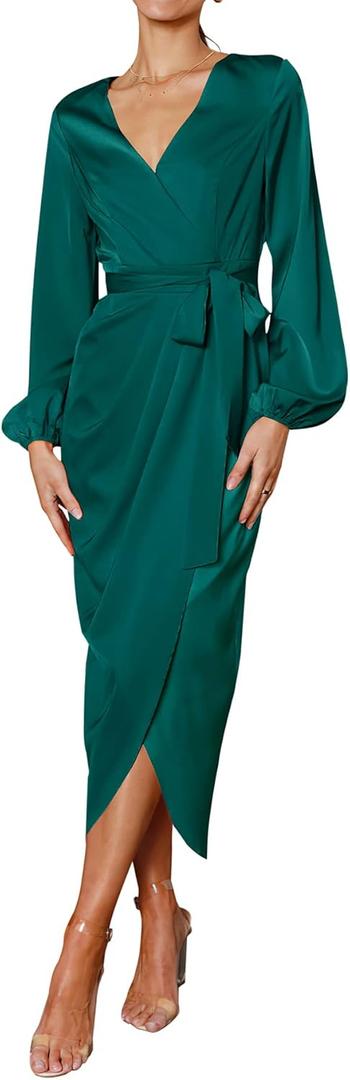 PRETTYGARDEN Women's Maxi Satin Dress 2023 Puff Sleeve Wrap V Neck Ruched Belted Long Formal Cocktail Dresses (Dark Green, Small)