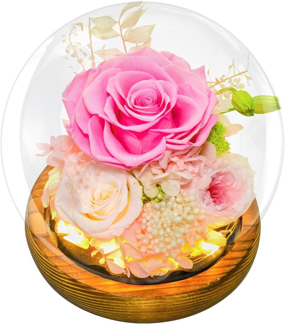 Preserved Flowers for Mom - Preserved Pink Roses in Glass Dome with LED Light for Girlfriend, Eternal Real Flowers for Women, Unique Long-Lasting Gift to Celebrate Christmas (Prime Delivery)
